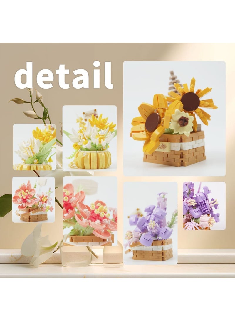 SYOSI Flower Bouquet Building Blocks Set, DIY Artificial Flower Bonsai Basket with Miniature Blocks, Creative Botanical Collection for Home Office Desk Decoration and Gift, 4 Sets - Image 2