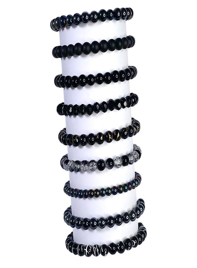 REGLET Pack of 9 - Black Glass Bead Bracelet Set - Mullticolour - Stretchable Bracelets for Women, Girls Stylish - Adjustable - Bead Size 8mm - 6mm - Image 1