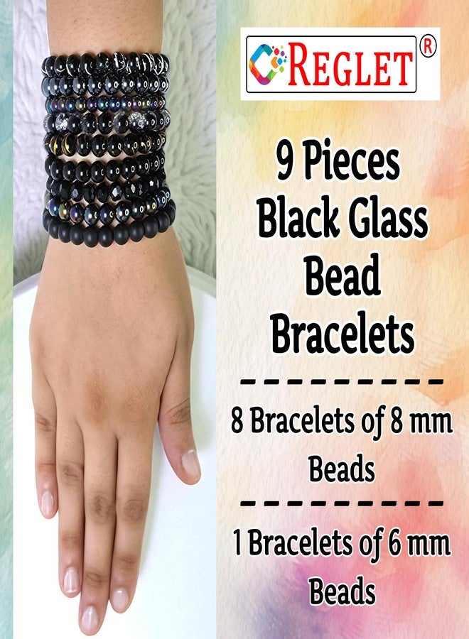 REGLET Pack of 9 - Black Glass Bead Bracelet Set - Mullticolour - Stretchable Bracelets for Women, Girls Stylish - Adjustable - Bead Size 8mm - 6mm - Image 2