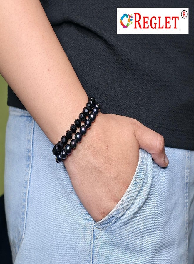 REGLET Pack of 9 - Black Glass Bead Bracelet Set - Mullticolour - Stretchable Bracelets for Women, Girls Stylish - Adjustable - Bead Size 8mm - 6mm - Image 4