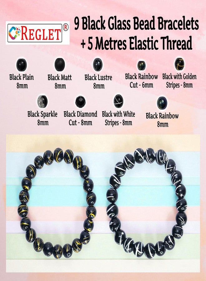 REGLET Pack of 9 - Black Glass Bead Bracelet Set - Mullticolour - Stretchable Bracelets for Women, Girls Stylish - Adjustable - Bead Size 8mm - 6mm - Image 3