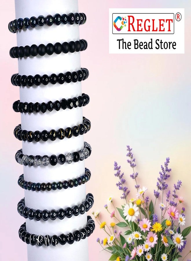 REGLET Pack of 9 - Black Glass Bead Bracelet Set - Mullticolour - Stretchable Bracelets for Women, Girls Stylish - Adjustable - Bead Size 8mm - 6mm - Image 5