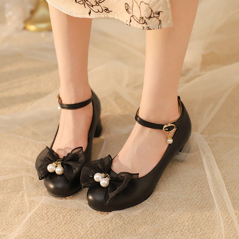 Spring 2024 Comfortable Mid-Heel Sweet Bow 33-43 Plus Size Buckle Shallow Mouth Single Shoes - Image 3