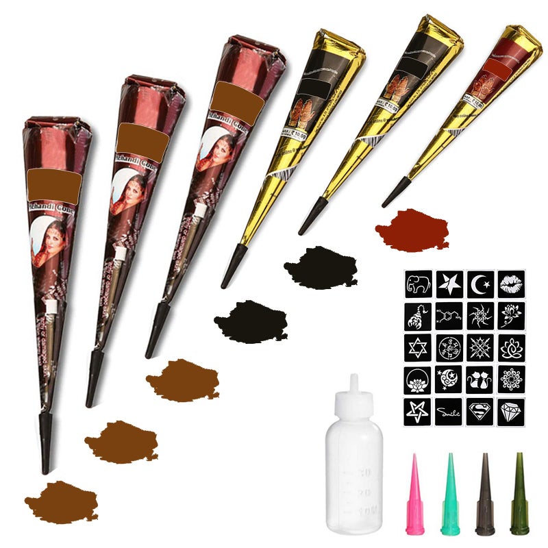Temporary Tattoos Kit 6Pcs Semi Permanent Tattoo Paste Cones India Body DIY Art Painting for Women Men Kids Summer Trend Freehand Plaste with 3 Colors20Pcs Adhesive Stencil1Pc Bottle4Pcs Nozzles