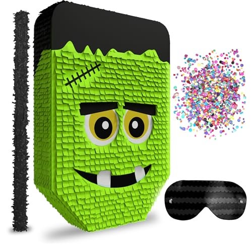 Jergrim Cute Frankenstein Halloween Piata 3piece Bundle for kids and adults fits 2lbs of candy perfect for Halloween party spooky decorations October birthday and party supplies - Image 1