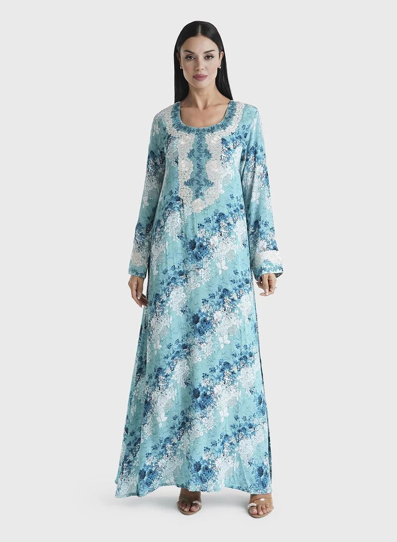 كشخة جلابية فيسكوز مطبوعة بالزهور مع تطريز حجري