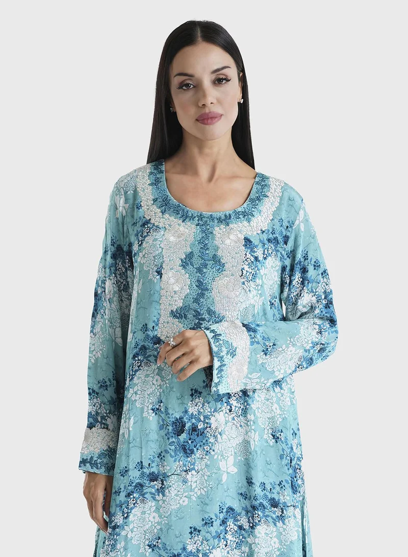 كشخة جلابية فيسكوز مطبوعة بالزهور مع تطريز حجري