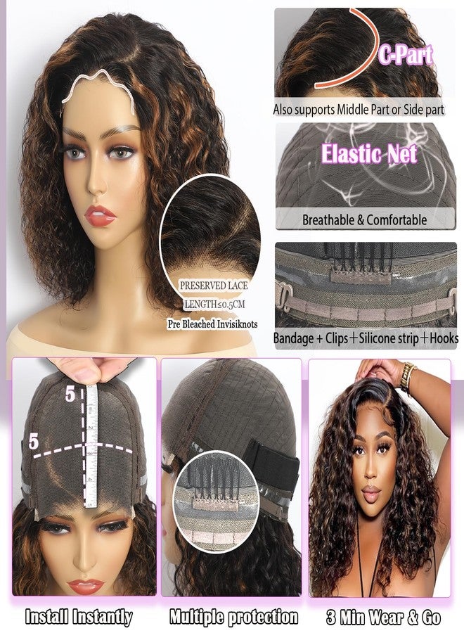 Rolisy 5×5 Closure Bob Wig Human Hair Glueless Wigs Human Hair Pre Plucked Pre Cut Short Curly Hair Wig Water Wave C Part Balayage Ombre Lace Frontal Wigs for Black Women P1B/30 18 Inch - Image 5