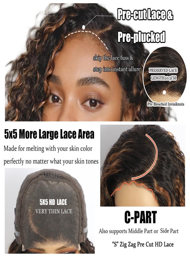 Rolisy 5×5 Closure Bob Wig Human Hair Glueless Wigs Human Hair Pre Plucked Pre Cut Short Curly Hair Wig Water Wave C Part Balayage Ombre Lace Frontal Wigs for Black Women P1B/30 18 Inch - Image 4