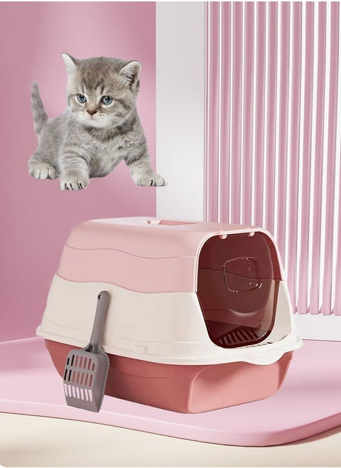 Cat Litter Box with Lid Enclosed Cat Toilet Removable Sandbox Kitty Litter Tray with Front Door Pet Accessories for Small Cat (Pink)
