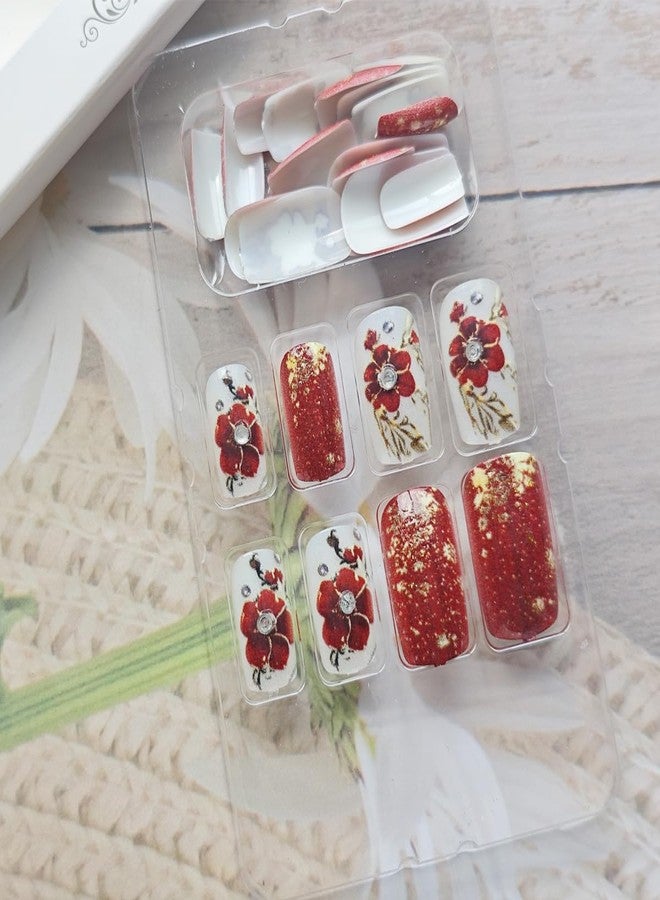KRTBKR 24Pcs Red Flower Press on Nails Medium Square Fake Nails Floral Gold Foil with Rhinestones Glitter Glossy Design Full Cover Glue on Nails Spring Summer False Nails for Women Girls Acrylic Nails DIY - Image 2