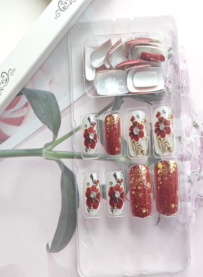 KRTBKR 24Pcs Red Flower Press on Nails Medium Square Fake Nails Floral Gold Foil with Rhinestones Glitter Glossy Design Full Cover Glue on Nails Spring Summer False Nails for Women Girls Acrylic Nails DIY - Image 5