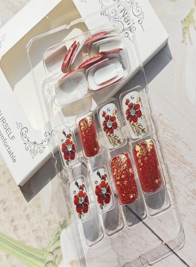 KRTBKR 24Pcs Red Flower Press on Nails Medium Square Fake Nails Floral Gold Foil with Rhinestones Glitter Glossy Design Full Cover Glue on Nails Spring Summer False Nails for Women Girls Acrylic Nails DIY - Image 3