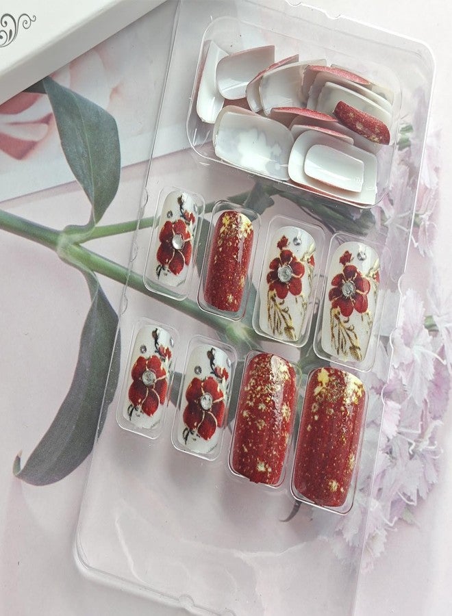 KRTBKR 24Pcs Red Flower Press on Nails Medium Square Fake Nails Floral Gold Foil with Rhinestones Glitter Glossy Design Full Cover Glue on Nails Spring Summer False Nails for Women Girls Acrylic Nails DIY - Image 4