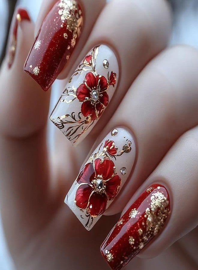 KRTBKR 24Pcs Red Flower Press on Nails Medium Square Fake Nails Floral Gold Foil with Rhinestones Glitter Glossy Design Full Cover Glue on Nails Spring Summer False Nails for Women Girls Acrylic Nails DIY - Image 1
