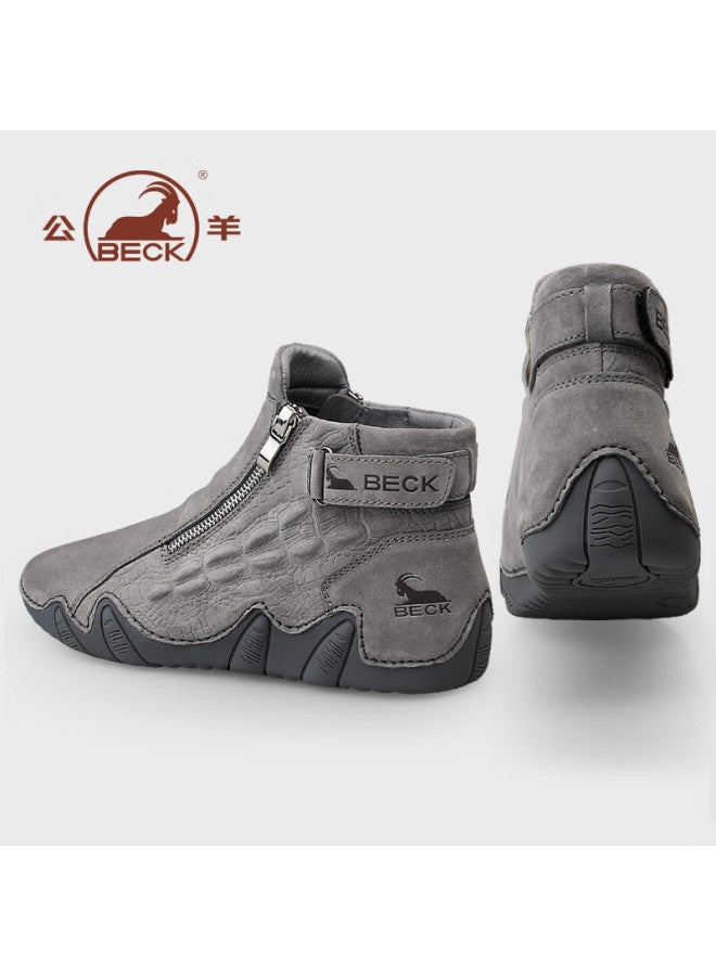 Gongyang Men's Autumn Winter Casual Shoes Genuine Leather Versatile High-top Outdoor Work Martin Boots Gray Size 41