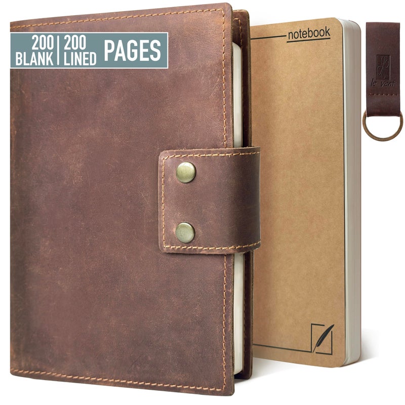 le vent Albero Genuine Leather Refillable Journal for Men & Women - 5x8 Vintage Brown Handmade Leather Cover, 200+200 Lined & Unlined Pages (100gsm) - A5 Notebook Travel, Engineering, Executive & Writers Use - Image 1