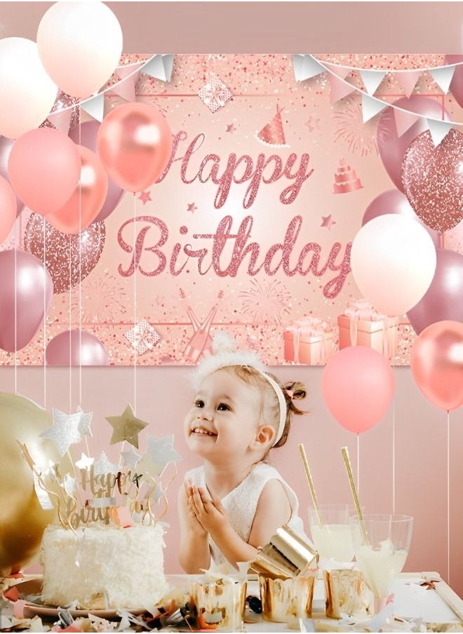GROIC - Happy Birthday Party Decorations Supplies Birthday Party Backdrop Happy Birthday Banner Baby Shower Photography Background Photo Booth Pink and Rose Gold 185*110cm - Image 1