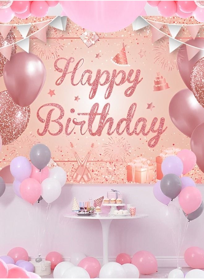 GROIC - Happy Birthday Party Decorations Supplies Birthday Party Backdrop Happy Birthday Banner Baby Shower Photography Background Photo Booth Pink and Rose Gold 185*110cm - Image 1