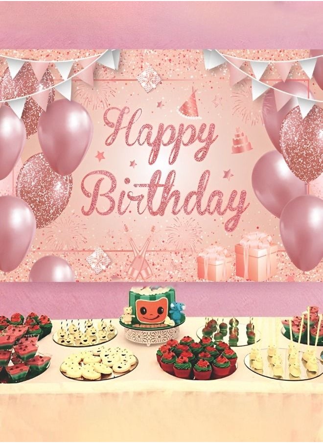 GROIC - Happy Birthday Party Decorations Supplies Birthday Party Backdrop Happy Birthday Banner Baby Shower Photography Background Photo Booth Pink and Rose Gold 185*110cm - Image 1