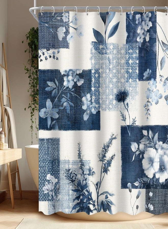 Ufeela Blue Abstract Floral Printed Shower Curtain 60Wx72L Inch Navy Blue Grey Vintage Boho Flower Rustic Plant Botanical Pretty Bathroom Set Girly Women Bath Curtain Bathtub Accessories Home Decor - Image 1