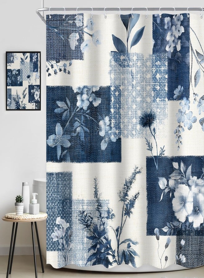Ufeela Blue Abstract Floral Printed Shower Curtain 60Wx72L Inch Navy Blue Grey Vintage Boho Flower Rustic Plant Botanical Pretty Bathroom Set Girly Women Bath Curtain Bathtub Accessories Home Decor - Image 2