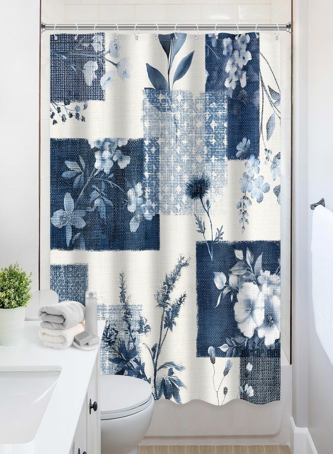 Ufeela Blue Abstract Floral Printed Shower Curtain 60Wx72L Inch Navy Blue Grey Vintage Boho Flower Rustic Plant Botanical Pretty Bathroom Set Girly Women Bath Curtain Bathtub Accessories Home Decor - Image 4