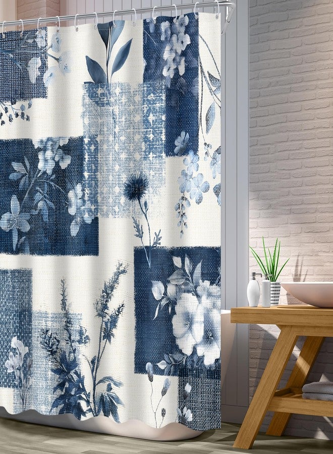 Ufeela Blue Abstract Floral Printed Shower Curtain 60Wx72L Inch Navy Blue Grey Vintage Boho Flower Rustic Plant Botanical Pretty Bathroom Set Girly Women Bath Curtain Bathtub Accessories Home Decor - Image 3