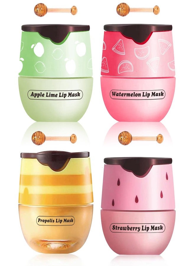 Tiejdhr 4 Pcs Honey Lip Balm, Strawberry Apple Watermelon Lip Mask, Moisturizing Lip Sleeping Mask, Hydrate Repair Prevent Dry Cracked Lip (Honey+Strawberry+Apple Lime+Watermelon) - Image 1