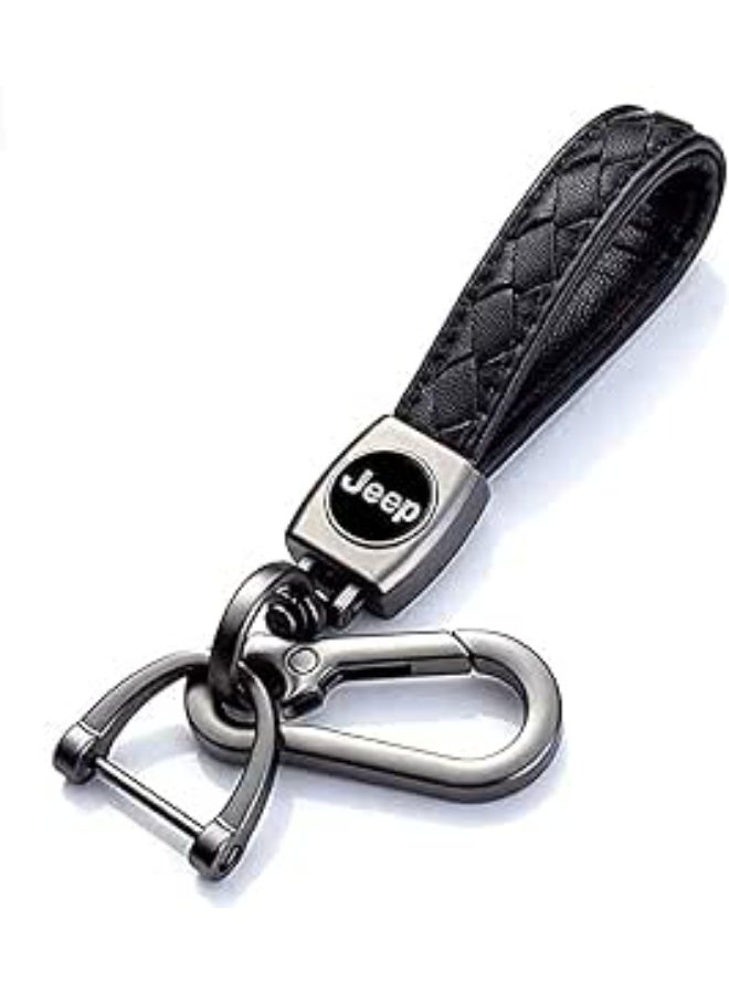 CGS | Braided Leather Car Keyring with Jeep Logo | Premium Metal Keyring | Luxury Key Accessory | Black