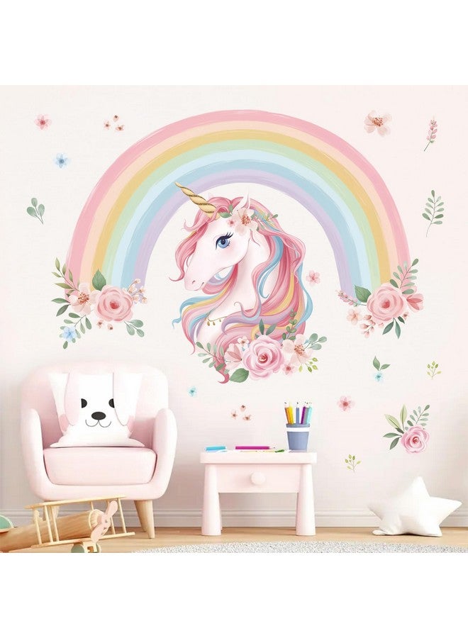 wondever Large Rainbow Wall Decals Unicorn Flower Peel and Stick Wall Art Stickers for Girls Bedroom Kids Room Baby Nursery - Image 1