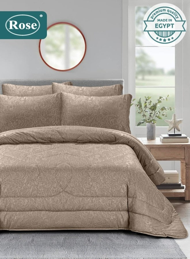 Rose Luxurious Flory Comforter Set, High Quality Microfiber, 6 pieces, Super Soft Cozy Breathable Cooling, Fits Double Size Bed 200x200 cm, Mocha - Image 1