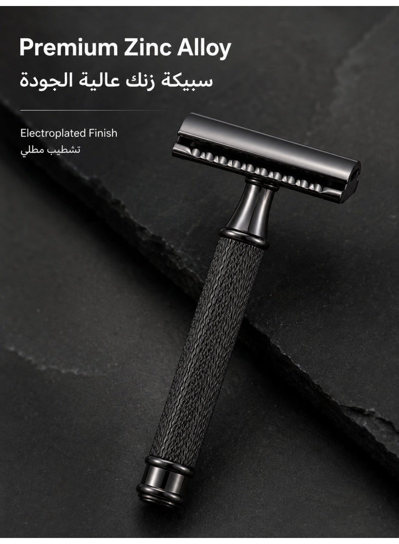 الرجال حلاقة مزدوجة شفرة السلامة حلاقة مع مقبض سبيكة الزنك ، تصميم قبضة مضادة للانزلاق ، ويشمل 10 شفرات إضافية - أسود - Image 3