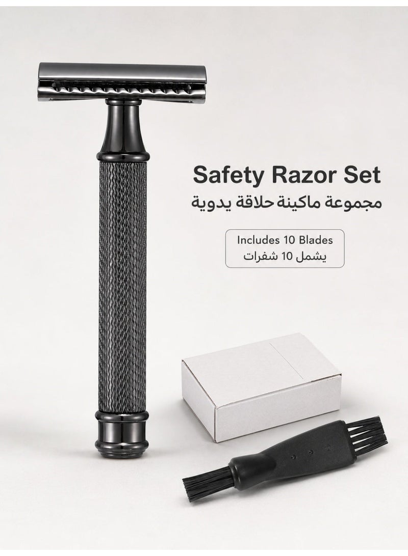 الرجال حلاقة مزدوجة شفرة السلامة حلاقة مع مقبض سبيكة الزنك ، تصميم قبضة مضادة للانزلاق ، ويشمل 10 شفرات إضافية - أسود - Image 1