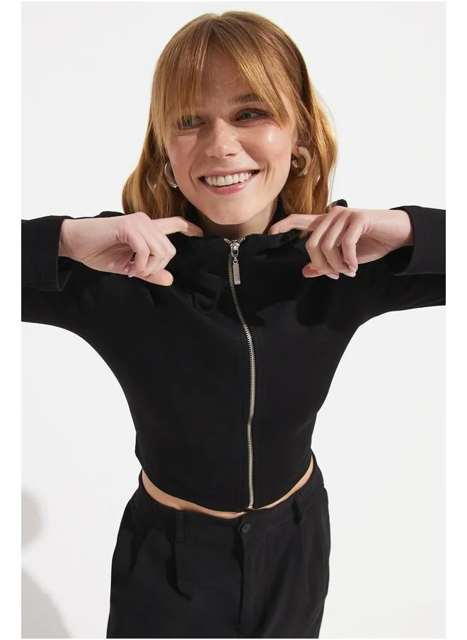 جون June Zipper Detailed Mini Dress Black