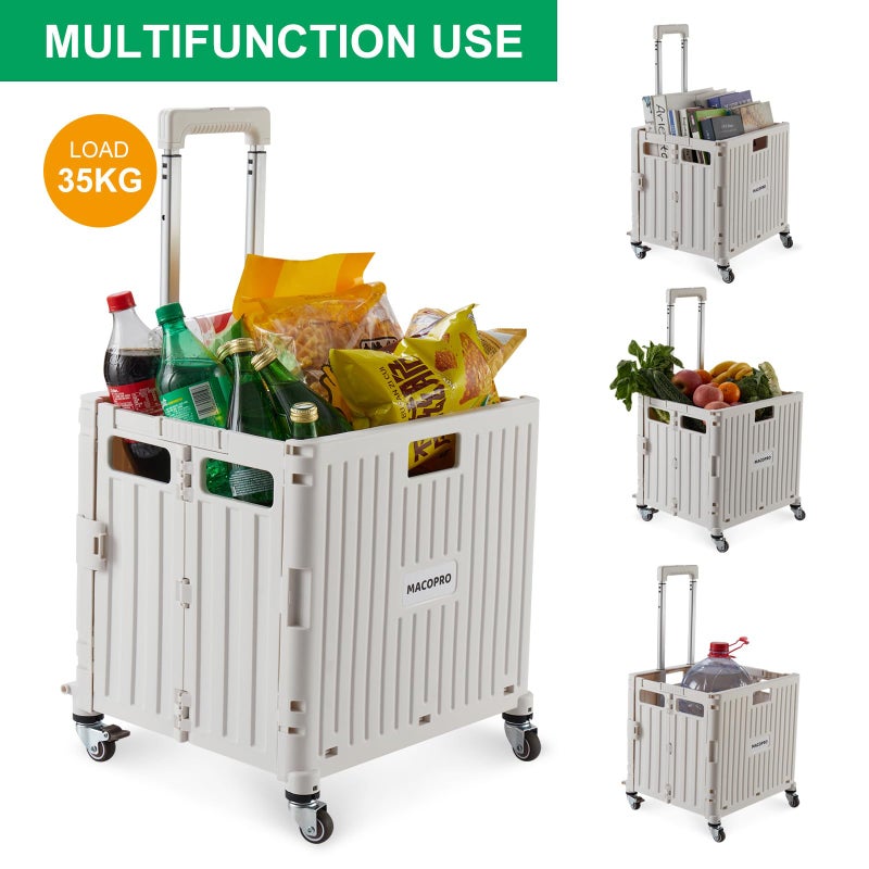 MACOPRO Foldable Utility Cart Folding Portable Rolling Crate Handcart with Durable Heavy Duty Plastic Telescoping Handle Collapsible 4 Rotate Wheels for Travel,Shopping, Luggage, Office, Teacher(White) - Image 2