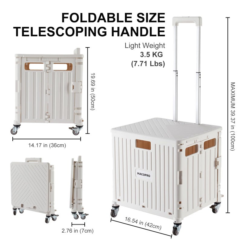 MACOPRO Foldable Utility Cart Folding Portable Rolling Crate Handcart with Durable Heavy Duty Plastic Telescoping Handle Collapsible 4 Rotate Wheels for Travel,Shopping, Luggage, Office, Teacher(White) - Image 4