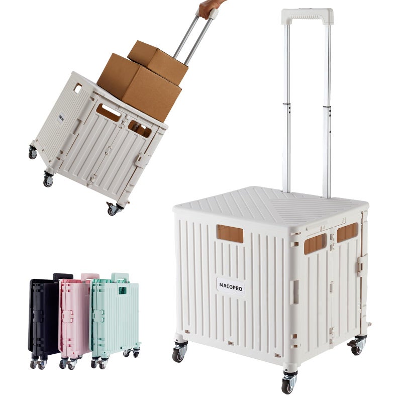 MACOPRO Foldable Utility Cart Folding Portable Rolling Crate Handcart with Durable Heavy Duty Plastic Telescoping Handle Collapsible 4 Rotate Wheels for Travel,Shopping, Luggage, Office, Teacher(White) - Image 1