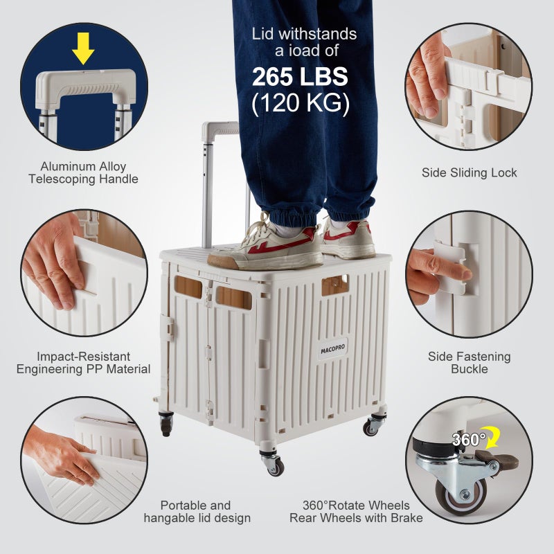 MACOPRO Foldable Utility Cart Folding Portable Rolling Crate Handcart with Durable Heavy Duty Plastic Telescoping Handle Collapsible 4 Rotate Wheels for Travel,Shopping, Luggage, Office, Teacher(White) - Image 3