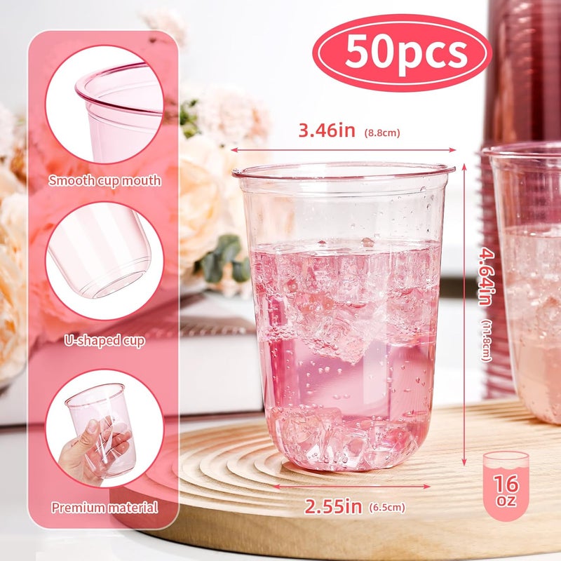 KesaPlan 50 Pcs Pink Plastic Cups 16oz Disposable Stemless Wine Glasses Pink Clear Drinking Cups for Party Plastic Disposable Cups for Cocktail Martini Party Cups for Wedding Birthday Valentines - Image 2
