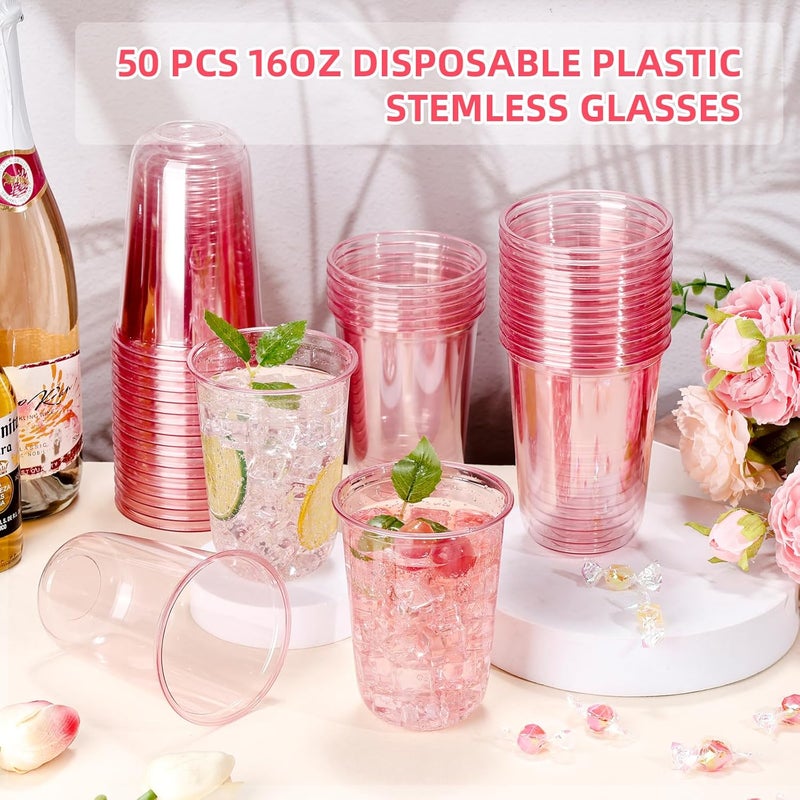 KesaPlan 50 Pcs Pink Plastic Cups 16oz Disposable Stemless Wine Glasses Pink Clear Drinking Cups for Party Plastic Disposable Cups for Cocktail Martini Party Cups for Wedding Birthday Valentines - Image 3