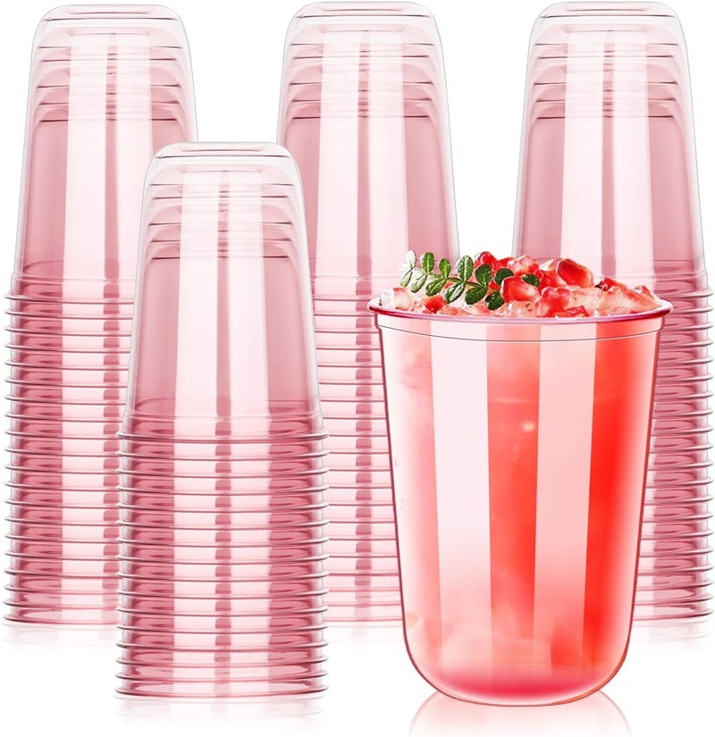 KesaPlan 50 Pcs Pink Plastic Cups 16oz Disposable Stemless Wine Glasses Pink Clear Drinking Cups for Party Plastic Disposable Cups for Cocktail Martini Party Cups for Wedding Birthday Valentines - Image 1