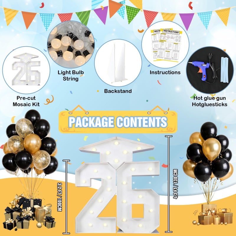 Froova 26 Light Up Numbers Marquee 4.3 FT for 2026 Graduation Decorations Graduation Cap White Large Mosaic Number Lights Sign Cardboard Pre-Cut Frame for Class of 2026 High School College Grad Party - Image 2