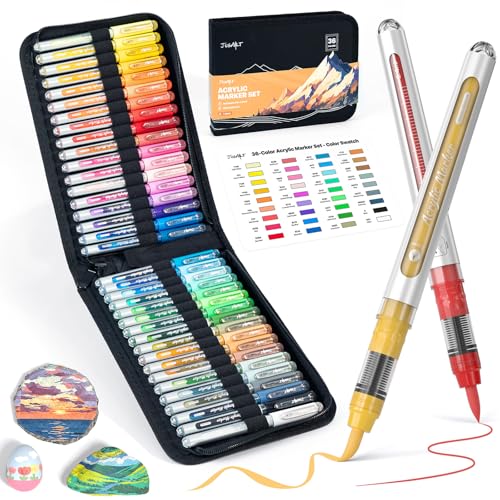 JusArt 36 Colors Acrylic Paint Markers with Canvas Bag WaterBased NoBleed Paint Pens with Automatic Ink Control Waterproof Brush Tip Markers for DIY Art Crafts Fabric Rock Wood Glass Metal - Image 1