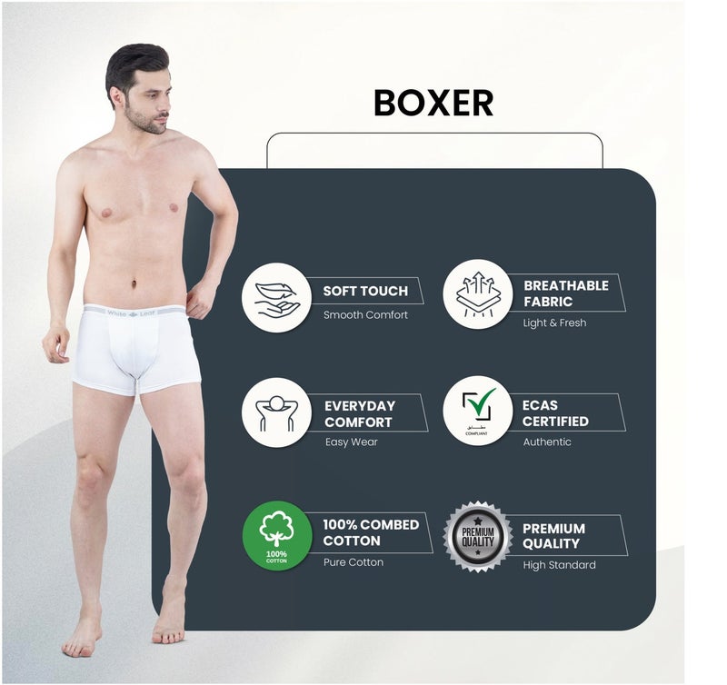 WHITE LEAF Men’s Boxer Briefs 3PCS Pack – 100% Combed Cotton Comfortable Innerwear for Men, Skin-Friendly & Breathable - white - Image 5