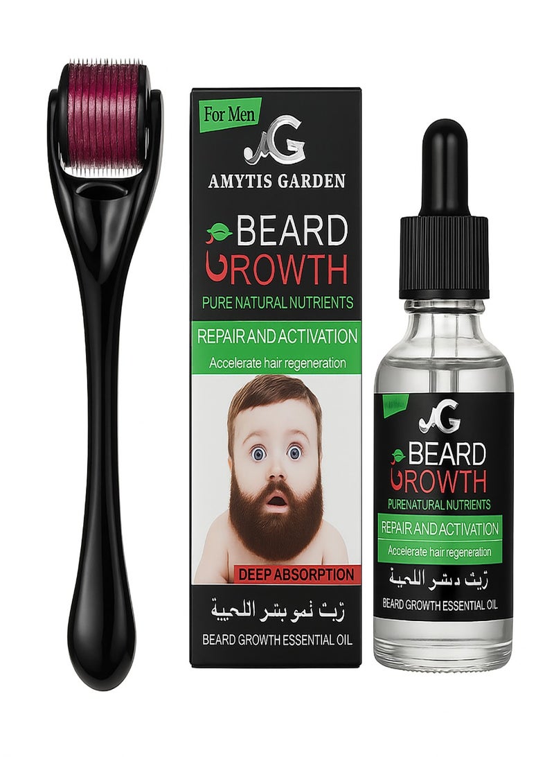 AMYTIS GARDEN Beard Growth Kit with Derma Roller & Essential Oil – Repair & Activation - Image 1