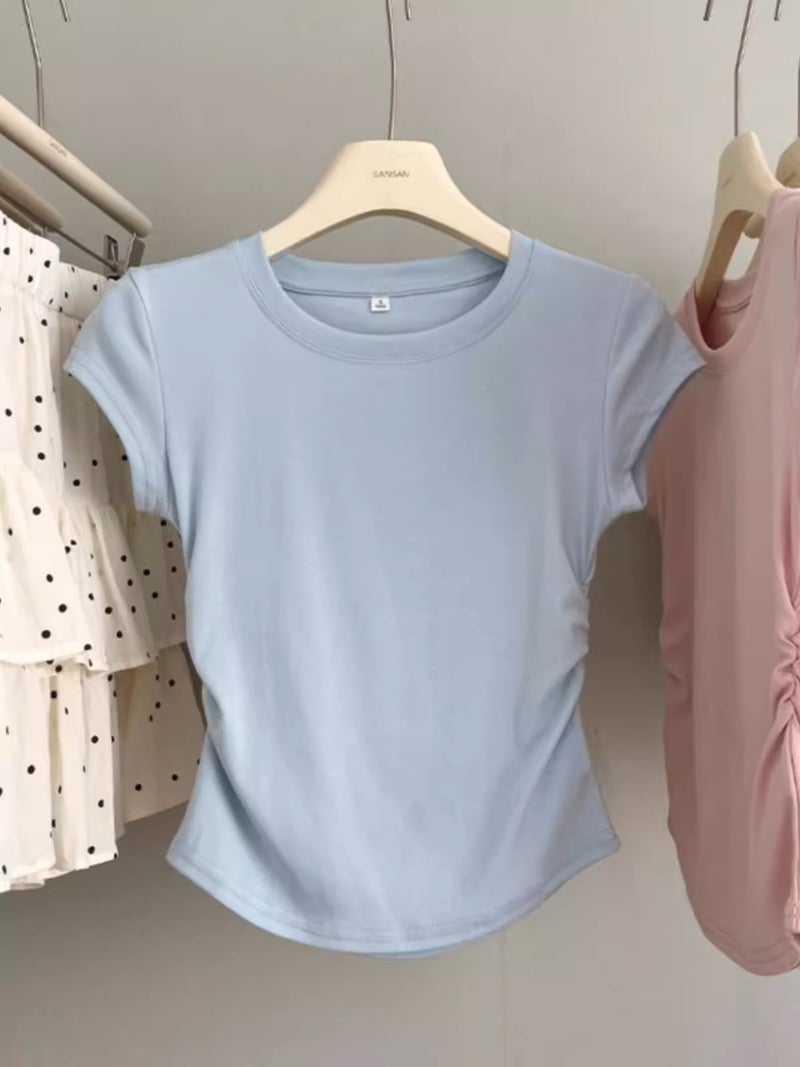 Baby Blue Shoulder Short-Sleeved T-Shirt Women'S 2024 Solid Color Slim Slim Fit Pleated Waist Short Top - Image 2