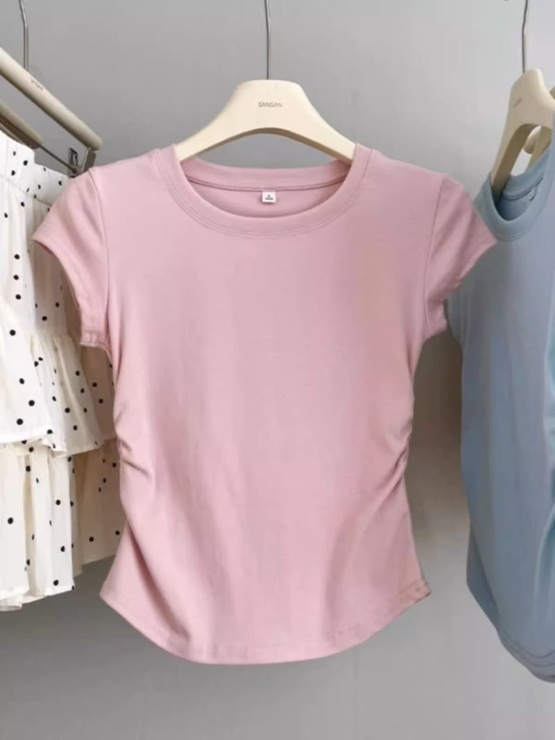 Baby Blue Shoulder Short-Sleeved T-Shirt Women'S 2024 Solid Color Slim Slim Fit Pleated Waist Short Top - Image 3