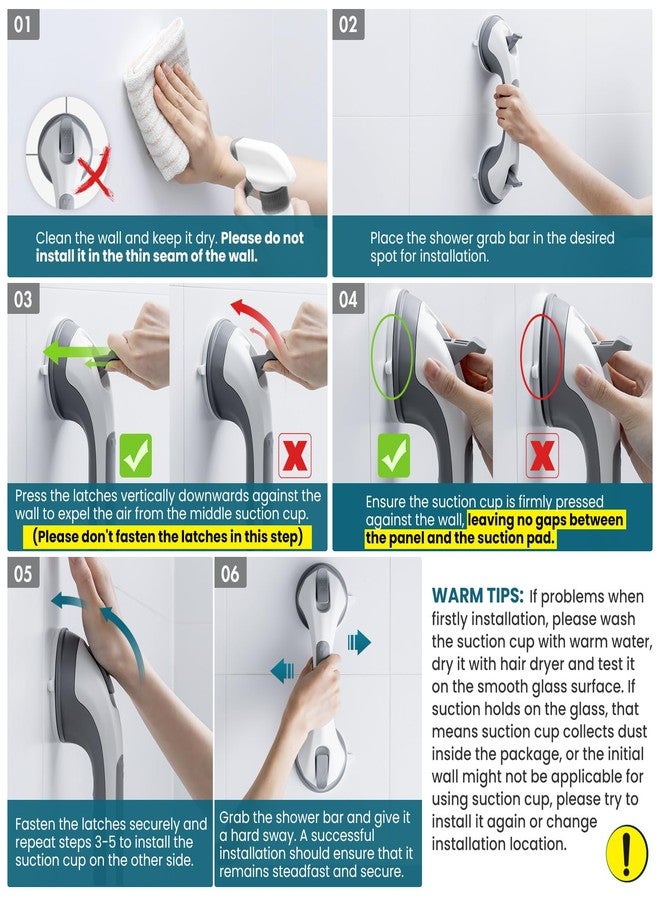 TAILI Shower Grab Bar, 2 Pack 12 Inch Suction Grab Bars for Bathtubs and Showers for Elderly, Shower Handle for Seniors Bathroom Safety Grip, No Drilling Removable,Grey - Image 2