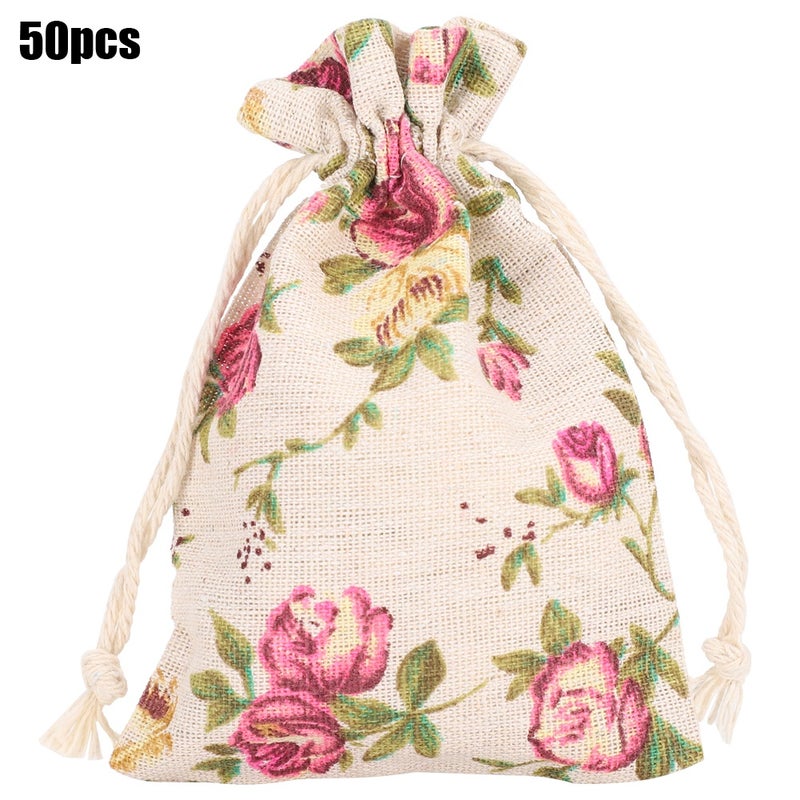 50PCs Burlap Bag Drawstring Flower‑Pattern Jewelry Packing Christmas Day Wedding Party Supplies - Image 2